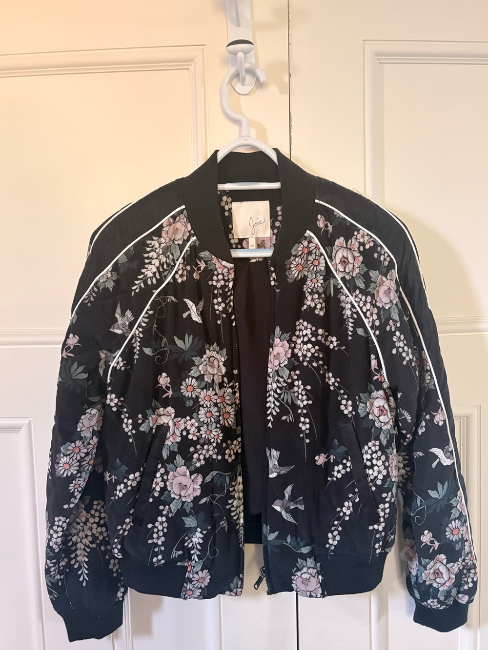 Joie Black Silky Floral Bomber Jacket with Pink & Green Blooms
